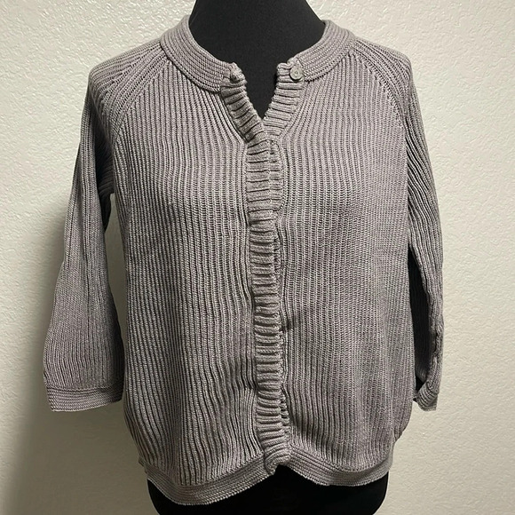 Talbots Women’s Heavy Duty Ribbed Grey Crewneck Snap Cardigan SMALL - Picture 1 of 6